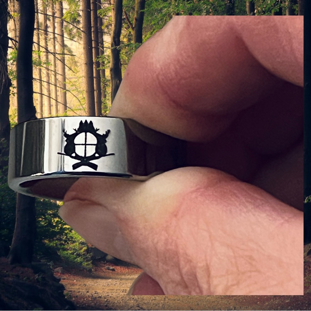 Rugged Mens Wedding Band Rifle Scope Crest Deer Hunter Men’s Ring Trees Jewelry